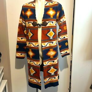 Colorful South Western Navajo style print toggle close long duster cardigan